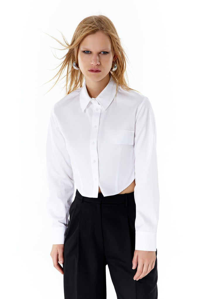 Poplin Beyaz Crop Gömlek