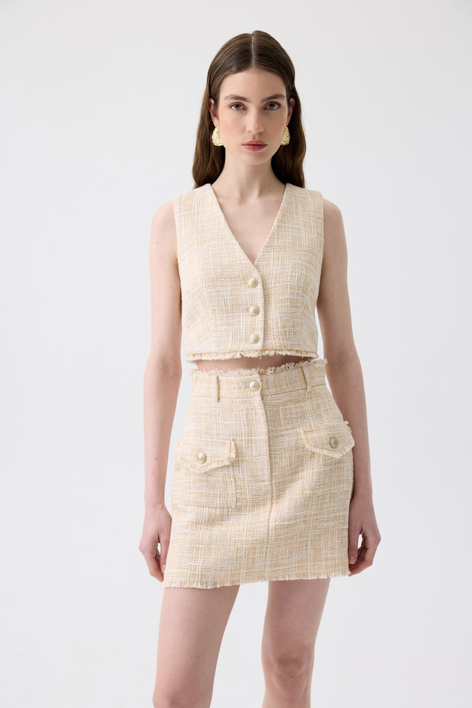 Fringed Detail Tweed Beige Mini Skirt
