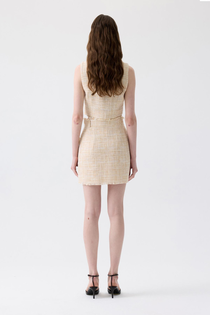 Fringed Detail Tweed Beige Mini Skirt