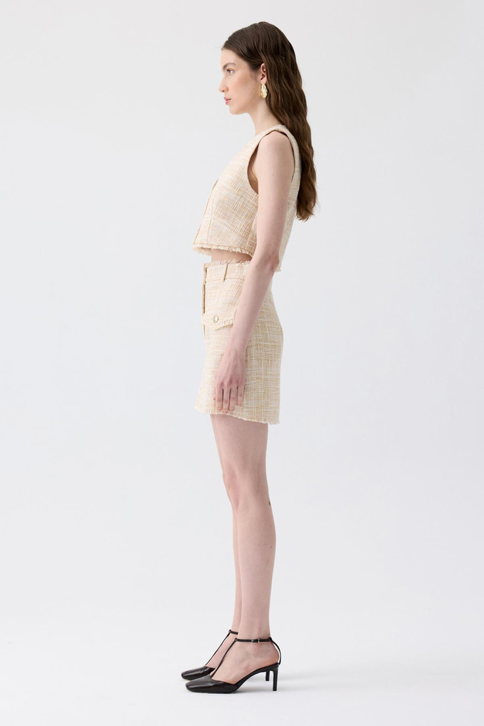 Fringed Detail Tweed Beige Mini Skirt