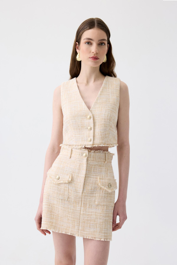 Fringed Detail Tweed Beige Mini Skirt