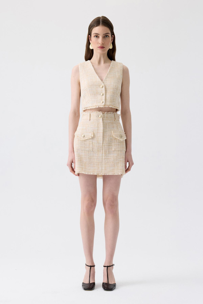 Fringed Detail Tweed Beige Mini Skirt