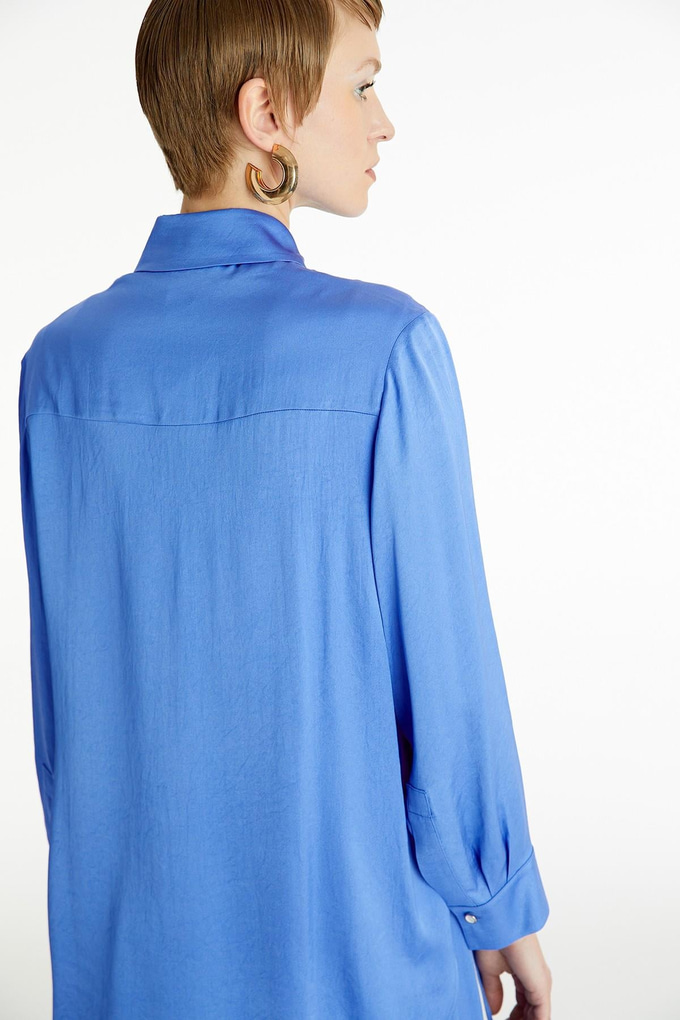 Saten Mavi Oversize Gömlek