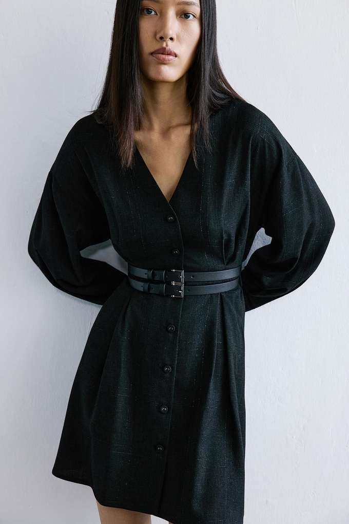 Sim Ekoseli V Yaka Siyah Mini Elbise