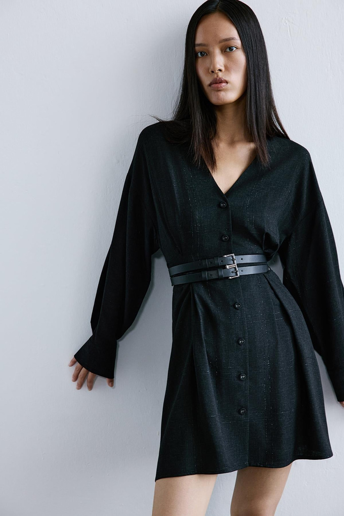 Sim Ekoseli V Yaka Siyah Mini Elbise