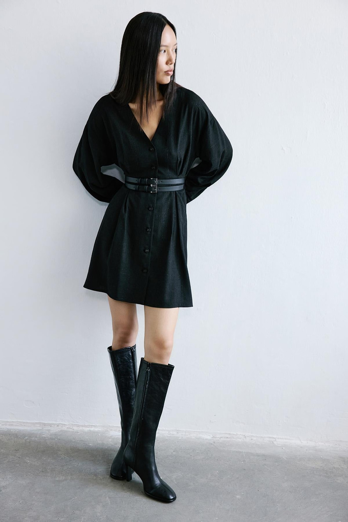 Sim Ekoseli V Yaka Siyah Mini Elbise