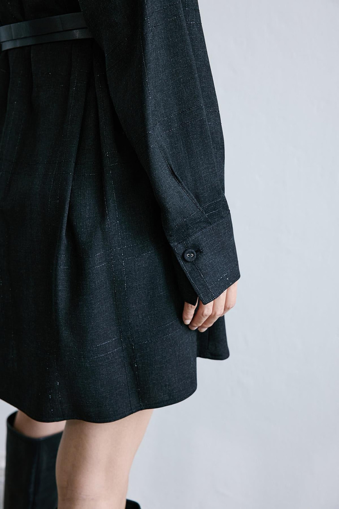 Sim Ekoseli V Yaka Siyah Mini Elbise