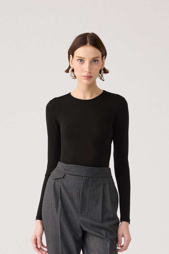 Open-Back Long-Sleeve Black Bodysuit