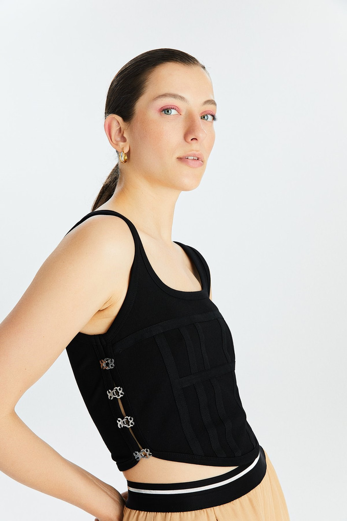 Siyah Korse İlhamlı Crop Bluz