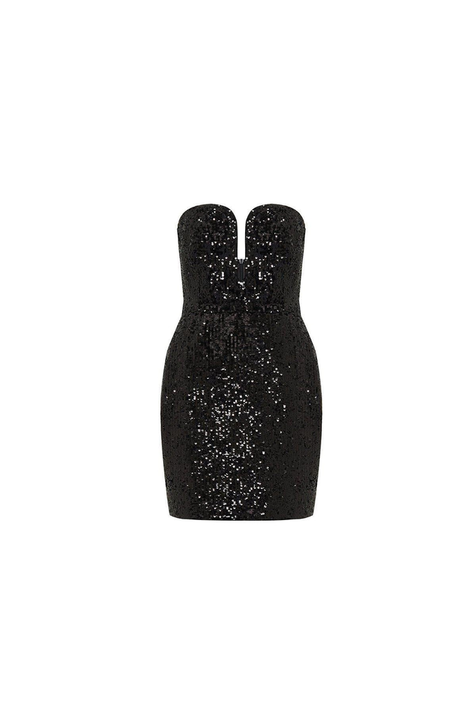 Straplez Payet Siyah Mini Elbise