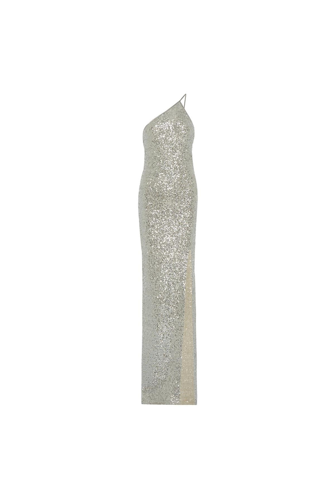 Single Shoulder Sequin Silver Long Dress | Rue Les Createurs