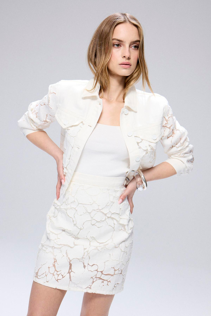 Transparent Detail Denim Ecru Mini Skirt