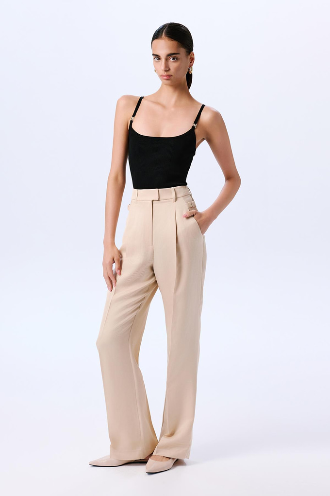 Ütü İzi Detaylı Bej Pileli Pantolon