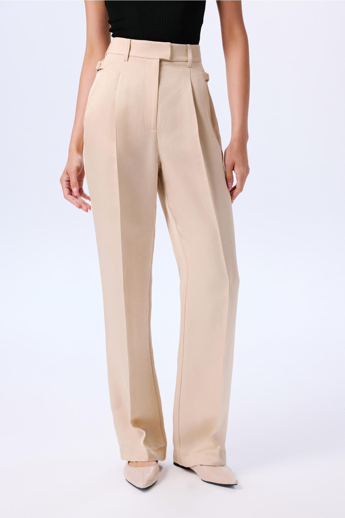 Ütü İzi Detaylı Bej Pileli Pantolon