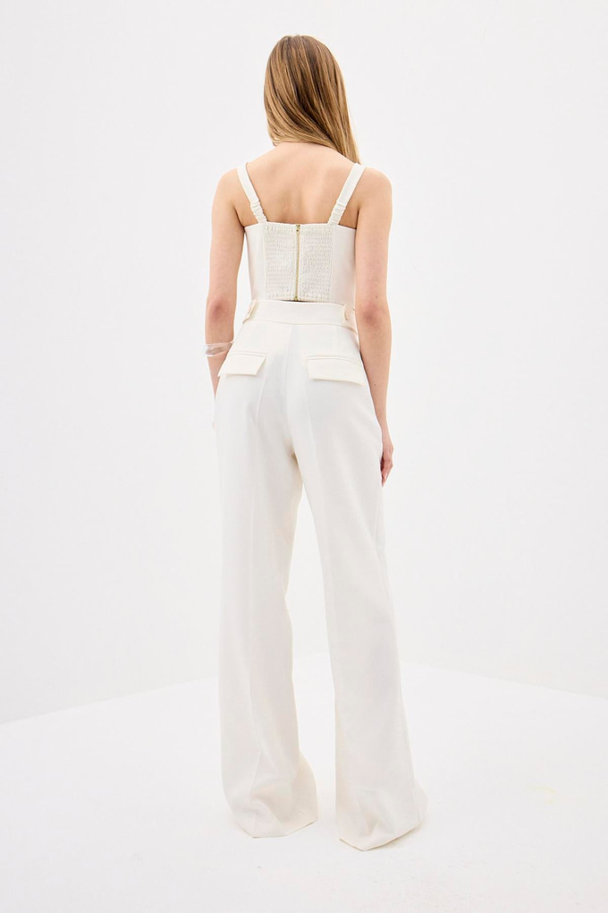 Ironed Detail Wide Leg Ecru Pants