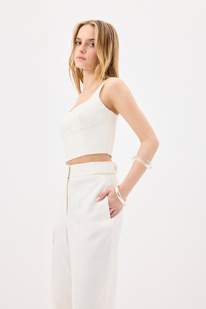 Ironed Detail Wide Leg Ecru Pants