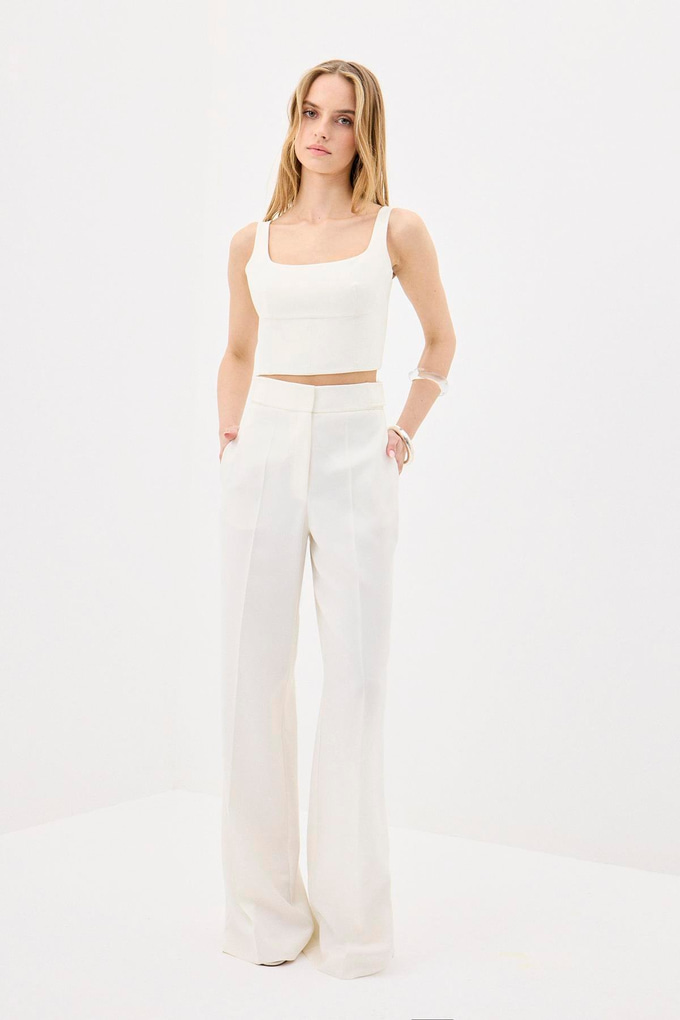 Ironed Detail Wide Leg Ecru Pants