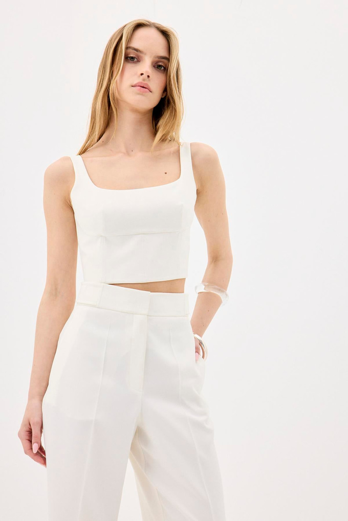 Ironed Detail Wide Leg Ecru Pants