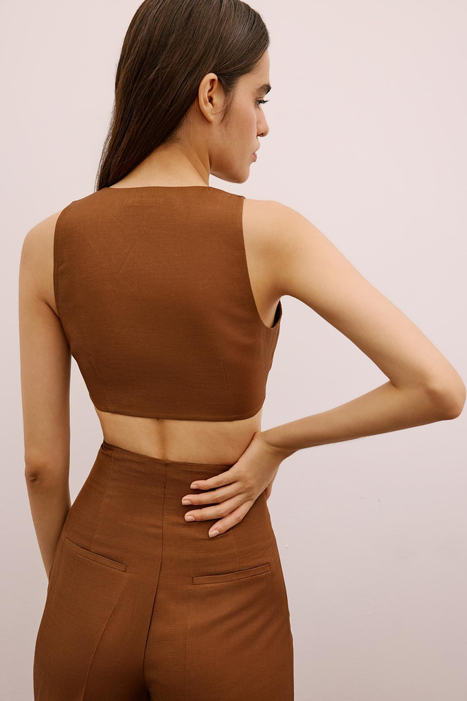 V Yaka Kolsuz Kahverengi Crop Bluz