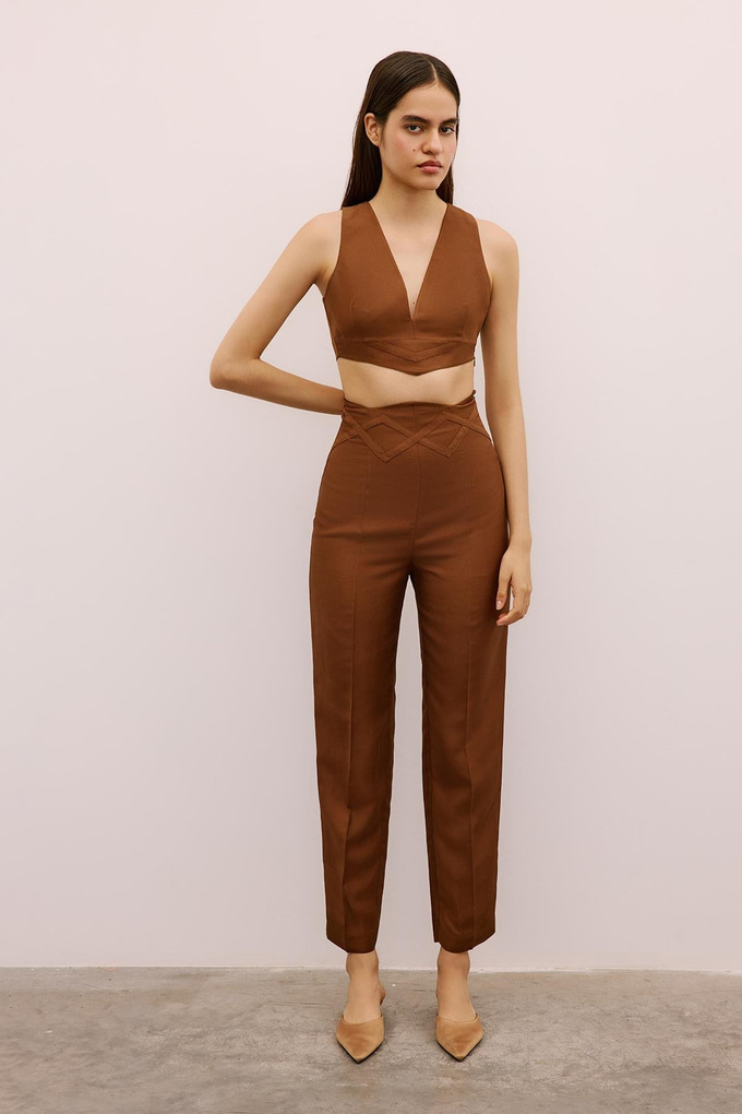 V Yaka Kolsuz Kahverengi Crop Bluz