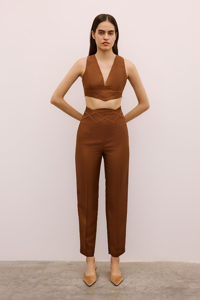 V Yaka Kolsuz Kahverengi Crop Bluz