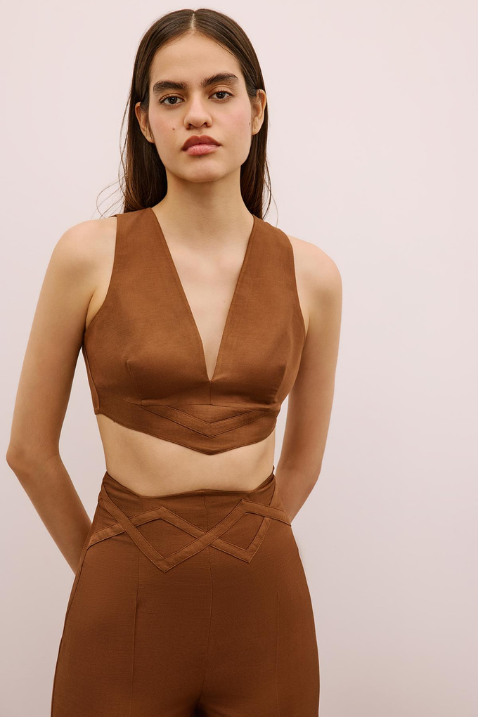 V Yaka Kolsuz Kahverengi Crop Bluz
