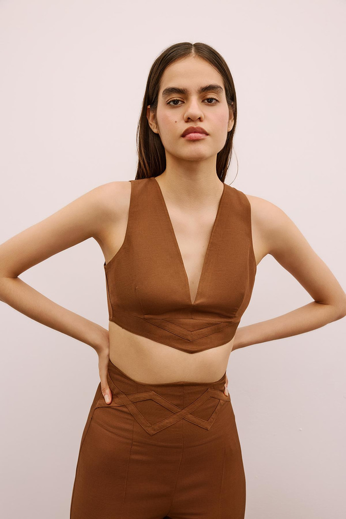 V Yaka Kolsuz Kahverengi Crop Bluz