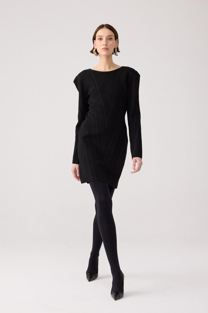 Vatkalı Siyah Triko Mini Elbise