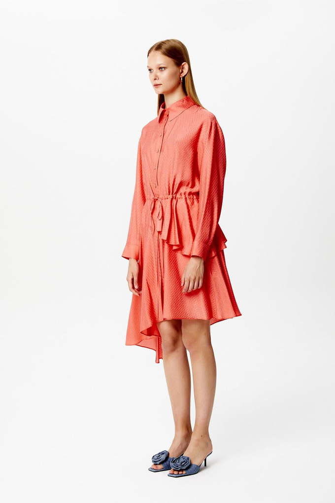 Volanlı Asimetrik Mercan Elbise