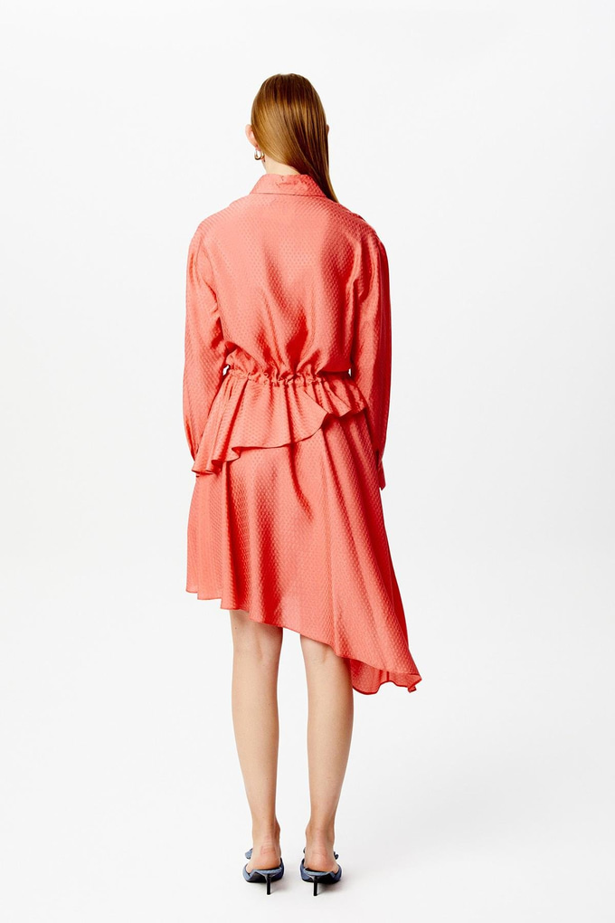 Volanlı Asimetrik Mercan Elbise