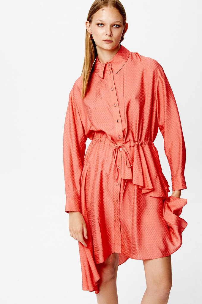 Volanlı Asimetrik Mercan Elbise