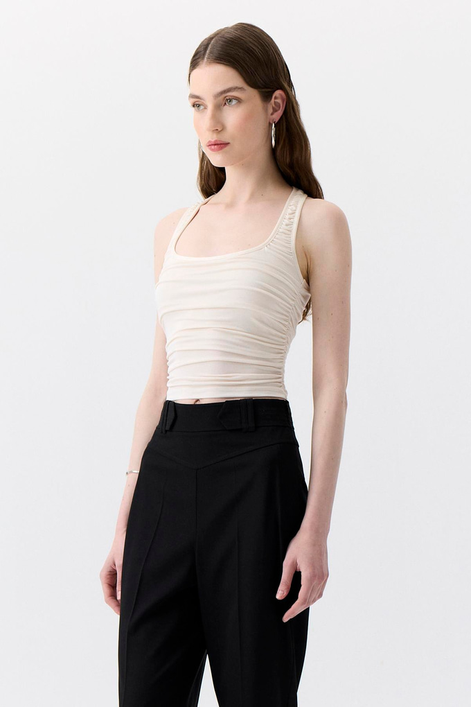 Yan Büzgülü Streç Ekru Bluz