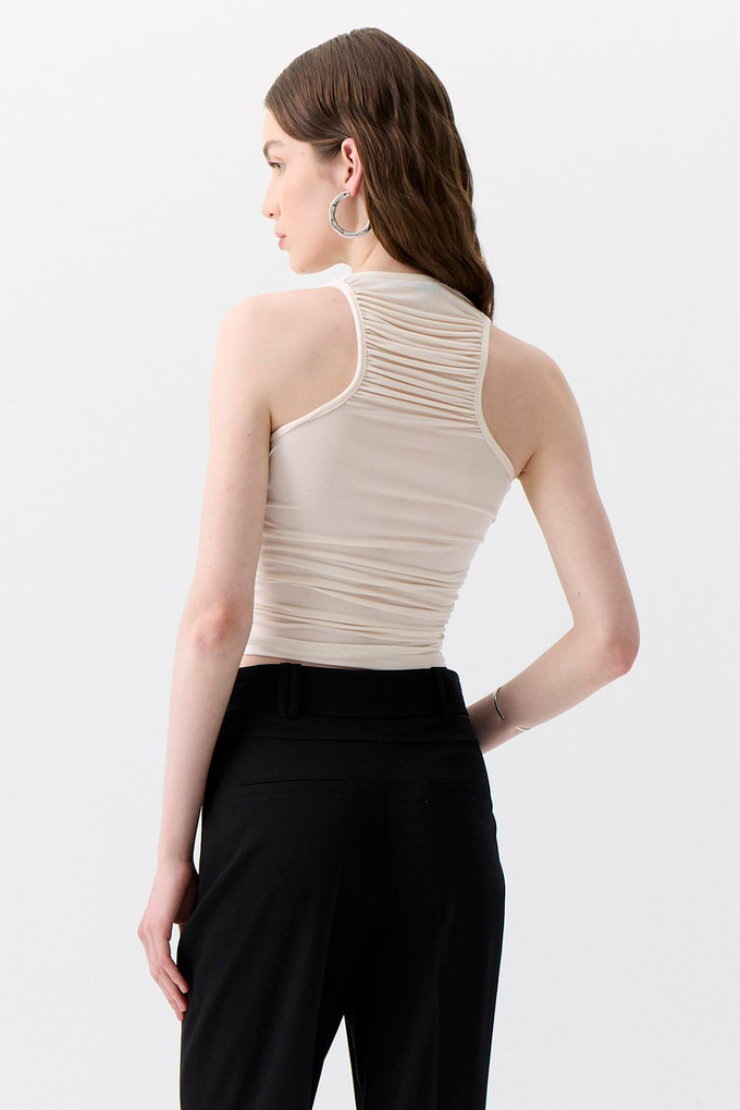 Yan Büzgülü Streç Ekru Bluz