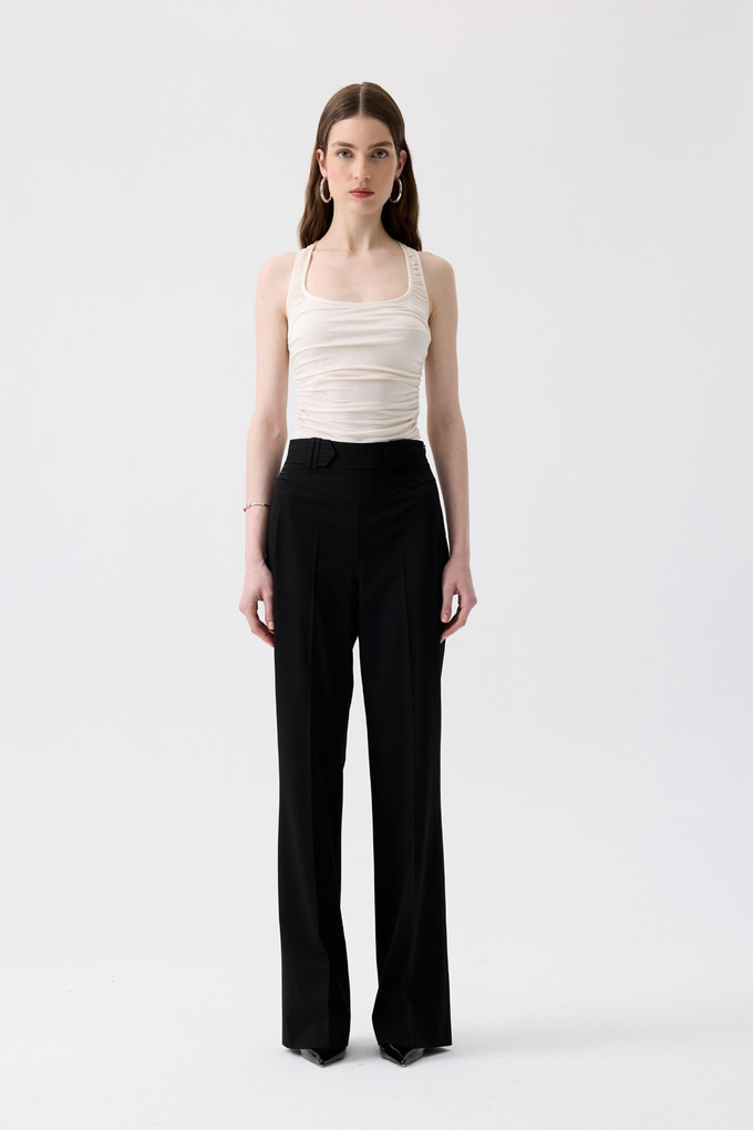 Yan Büzgülü Streç Ekru Bluz