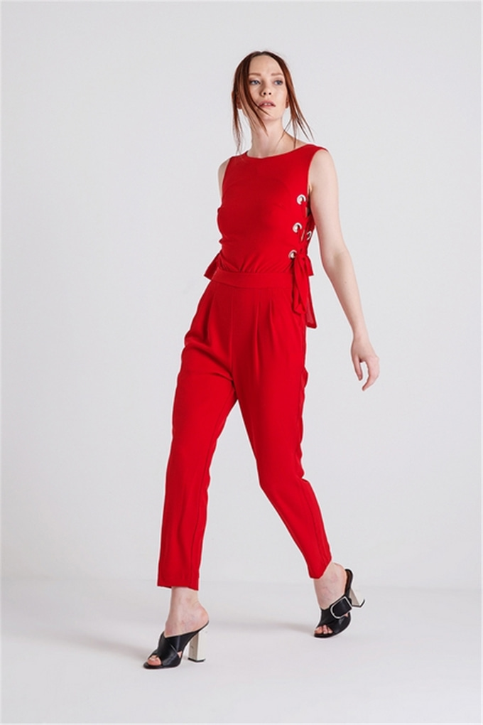 Yanları Bağlama Detaylı Kırmızı Tulum