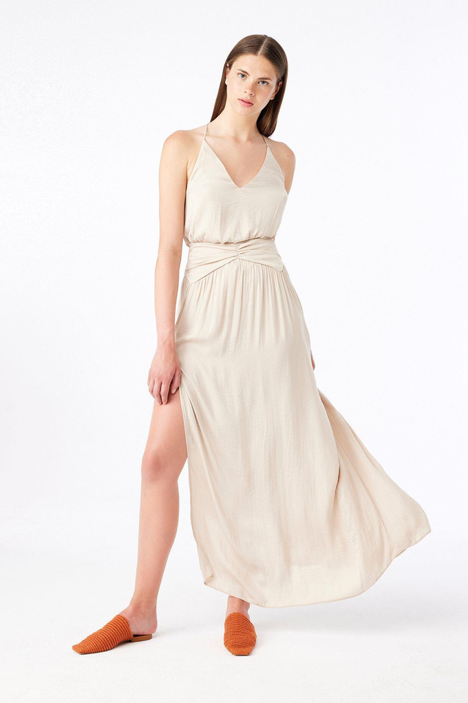 Slit Detailed Beige Long Skirt