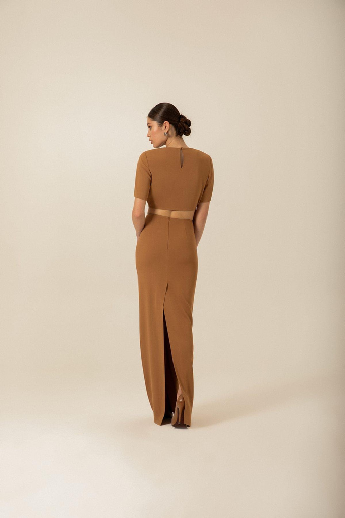 Slit-Detail Camel Long Skirt