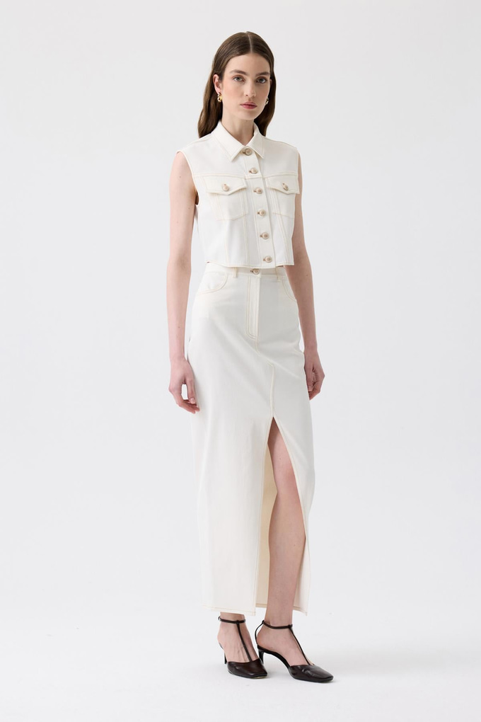 Slit Detail Ecru Long Skirt