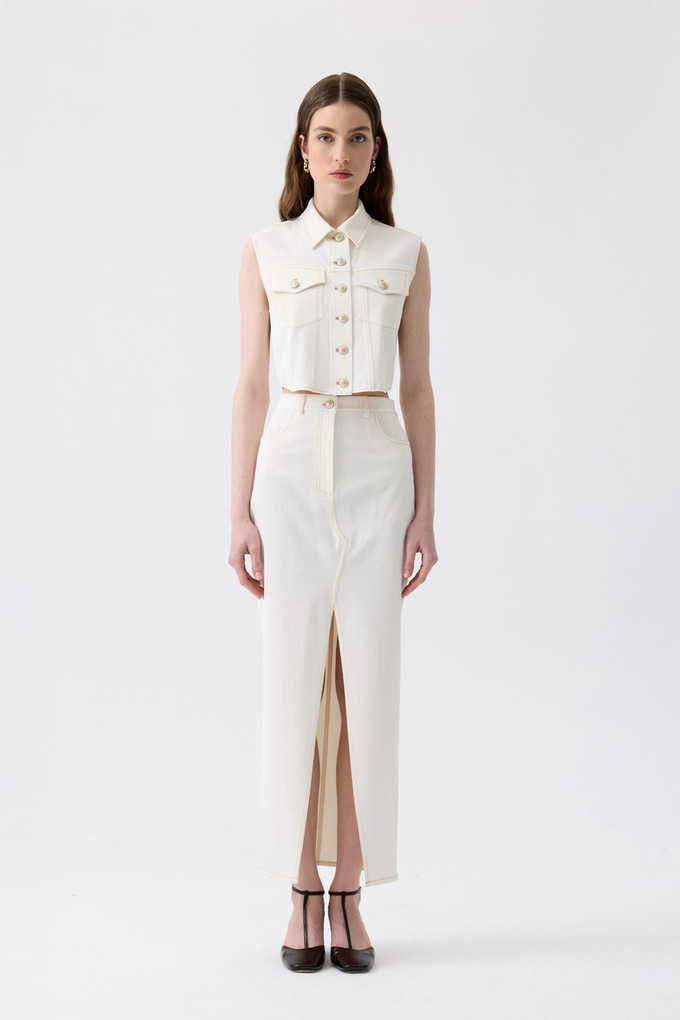 Slit Detail Ecru Long Skirt