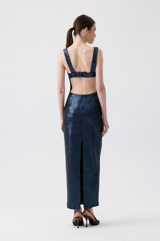 Slit Detail Long Navy Blue Sequin Dress