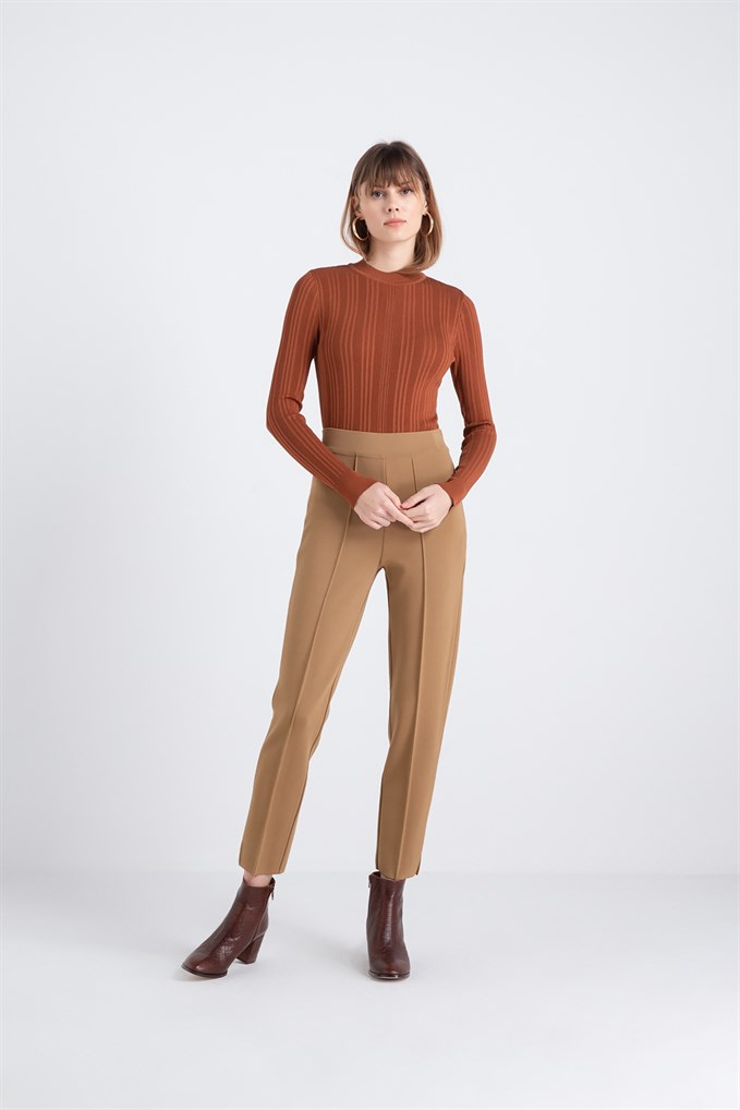 Yüksek Bel Triko Pantolon Camel Renk