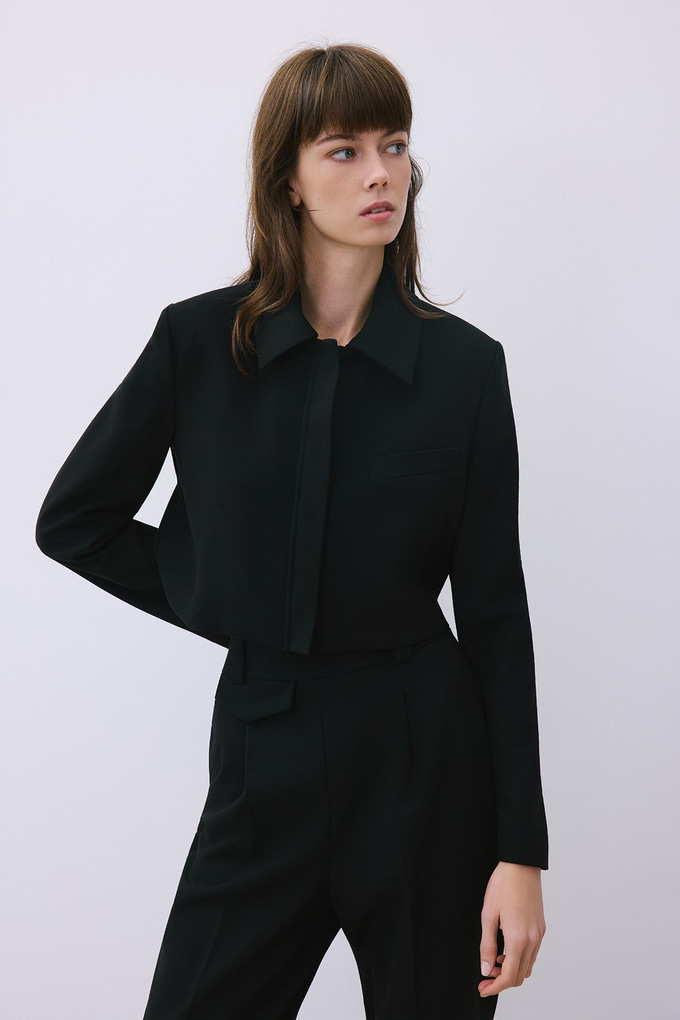 Black Wool-Blend Zip-Up Crop Jacket