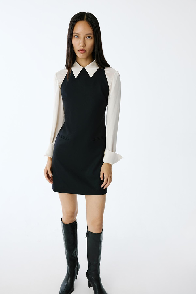 Yün Dokulu Kare Yaka Mini Siyah Elbise