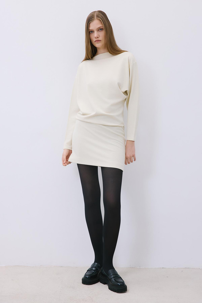 Ecru Asymmetric Knit Mini Dress