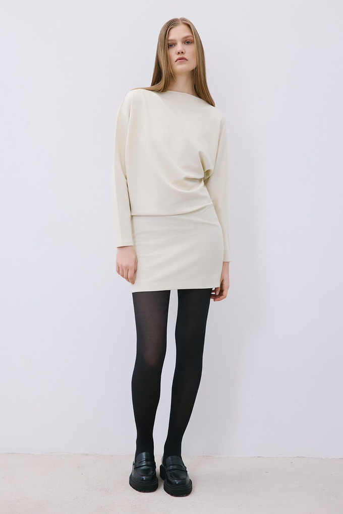 Ecru Asymmetric Knit Mini Dress