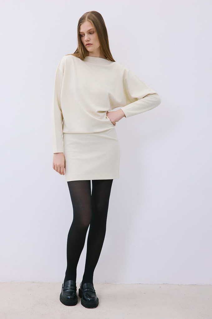 Ecru Asymmetric Knit Mini Dress