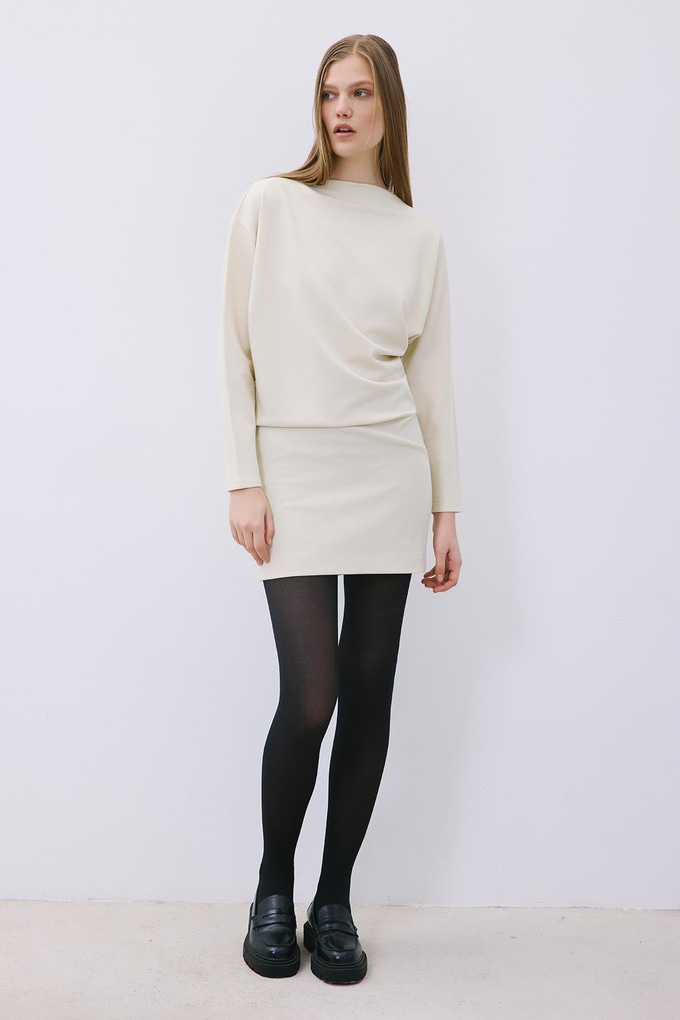 Ecru Asymmetric Knit Mini Dress