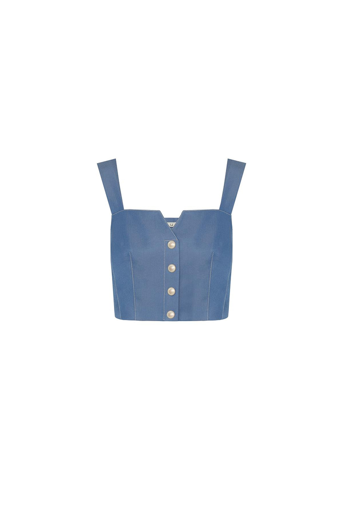 Askılı Denim Efektli İndigo Büstiyer
