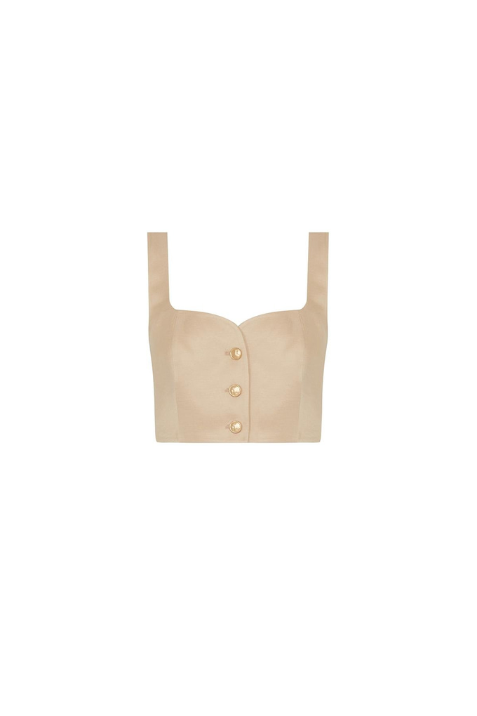Askılı Gold Düğme Detaylı Bej Crop Top