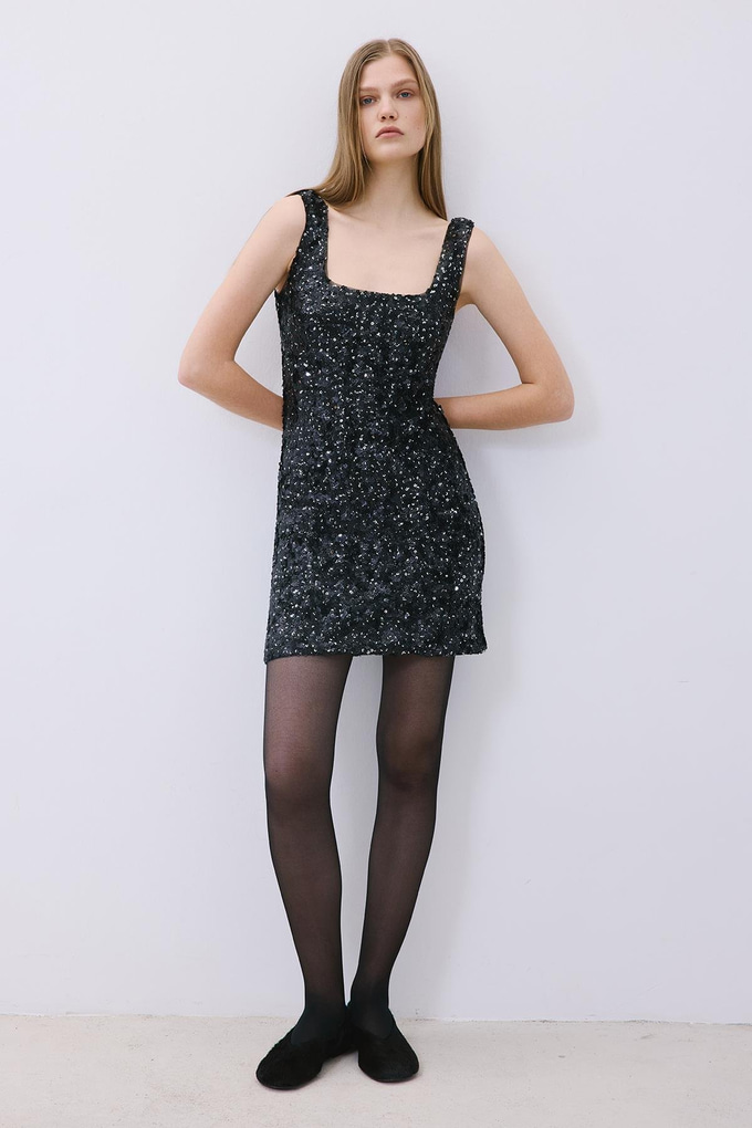 Askılı Payet Mini Siyah Elbise